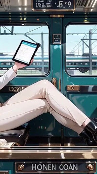 พิงประตูรถไฟวินเทจ เธอใช้มือลงถุงน่องอย่างแรงขณะจ้องมองด้วยหวัดแต่หมอก