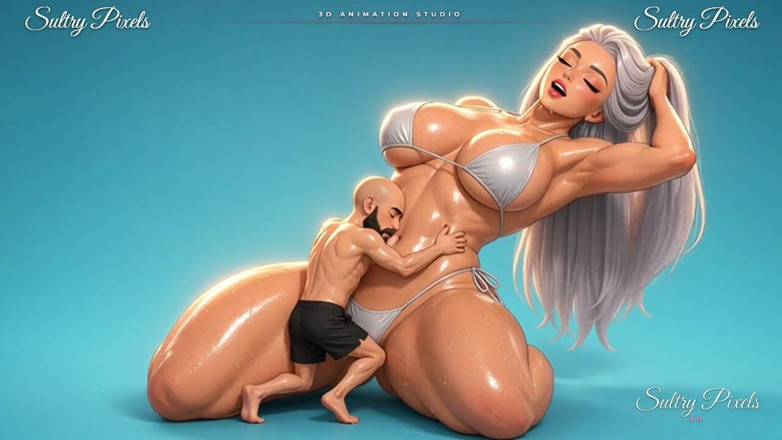 Sultry Pixels 3D: Tiny Man Pulls the Bikini String of a Kneeling Anime...