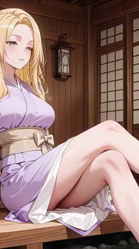 Blondine in Lavendel! Op blote voeten knielen onder de rode Torii-poort, haar Andouf fluttert in de wind
