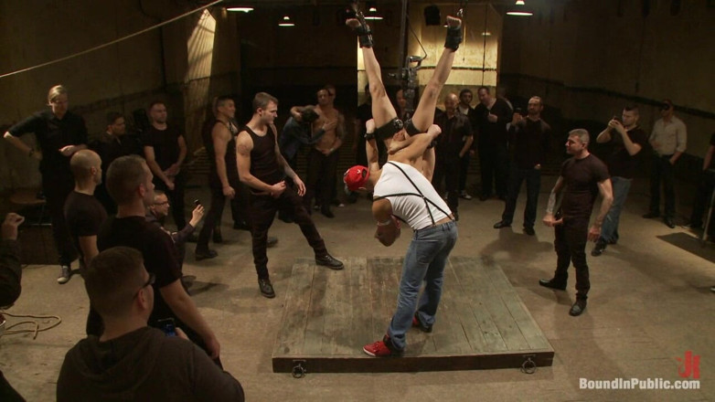 Bound in public: Trent Diesel Bound and Suspended Upside Down While Roughly Fucked