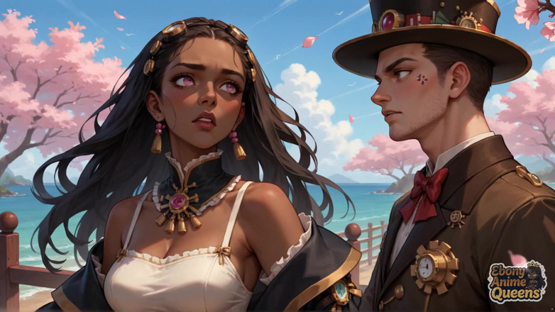 Ebony Anime Queens: Грязная чернокожая богиня дает цвет вишни dt у океана