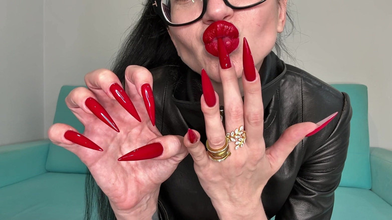 Julia domaina: Red Long Nails, Claws and Tight Long Leather Coat on...