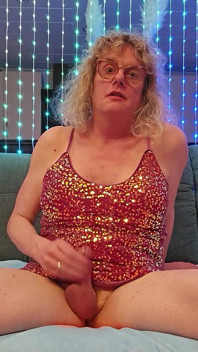 TS Lilly Sophie Late Night Wank in Pink Glitter Dress and Cum