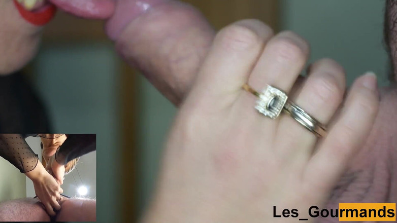 Les Gourmands: MILF suger stor kuk som lossar ner i halsen, närbild...
