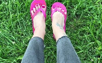 My New Pink Flip Flops and My Feet with Pink Toenails Polish