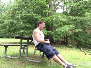 Here I Am Jacking off at the Park on the Picnic Table, Standing Sitting and Cumming. Cargo Shorts and Boxers, Wifebeater