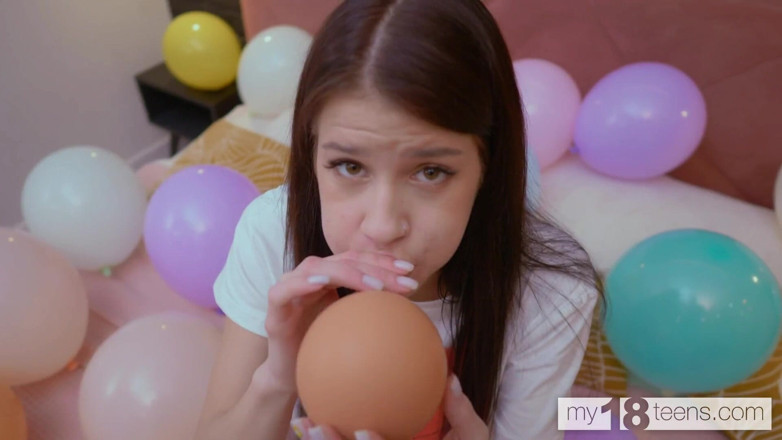 My 18 Teens: My18teens - Skinny and Petite Brunette Blows up Balloons and Fucks...