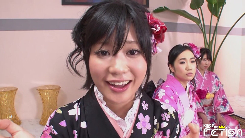 Pure Japanese adult video ( JAV): Three Japanese babes blow a group of men with hairy...
