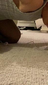 Sissy Crossdresser in tight dress and thigh high stockings with cock sleeve sheath panties shows off and sucks on a big dildo