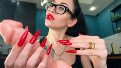 Long Nails Red, Long Fingers, Red Lips and Handjobs with Spit