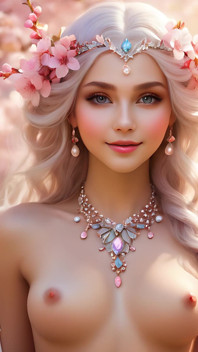 Wanita telanjang tersenyum memegang cherry blossom, memakai perhiasan berlian putih opal-pearl - slideshow ai
