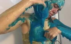 Oiled and creamed girl gunged in the caravan