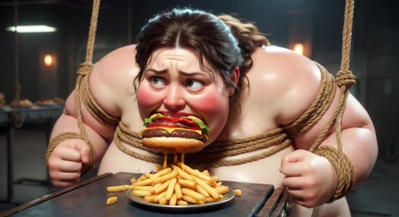 YOUR BEST FANTASY: Tied up SSBBW Eats Massive Meal While Kneeling - Belly Stuffing
