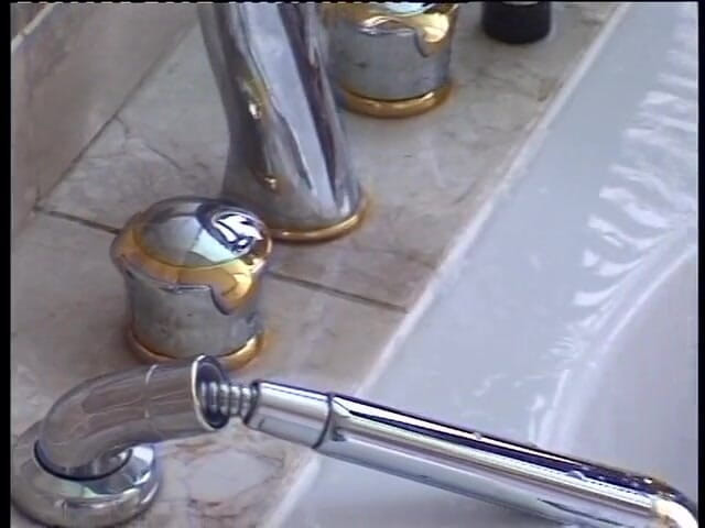 Lucky Cooch: Ass dildoing brunette gets fucked anally in the bathroom