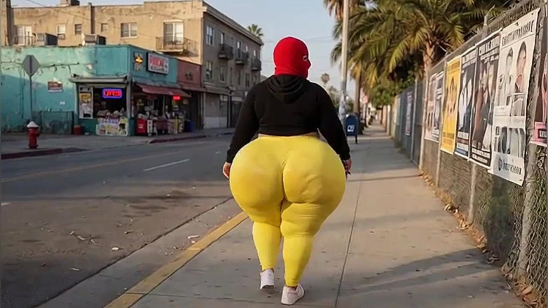 Animate golden: Mädchen mit dickem arsch geht in engen leggings auf der...