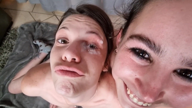 domslutfucker: FFM Threesome Handjob Cum in Eye, Licking Cum Out of...