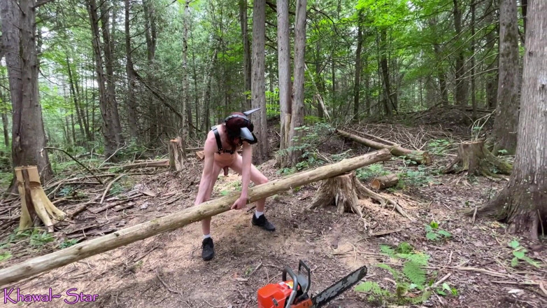Khawal Star: Khawal Anubis naked outdoors using chainsaw