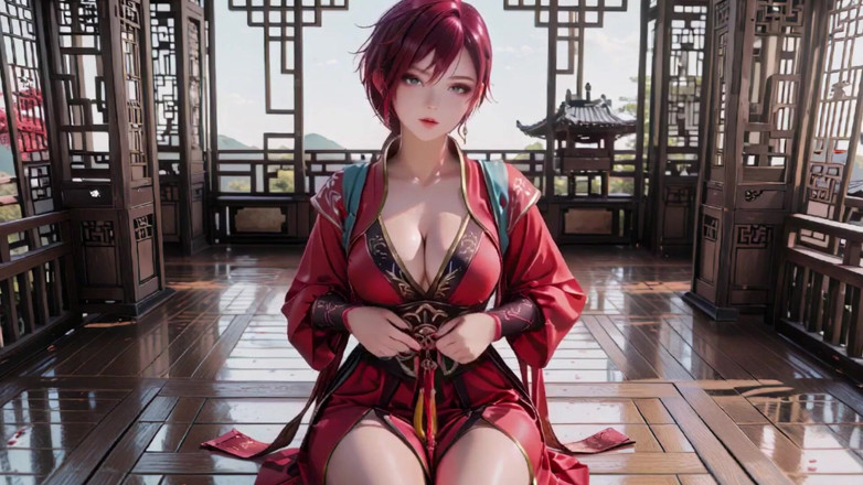 Seraphina Vale: 紫髪の戦女が高く裂けた着物をまとい、ひざまずいて燃えるような視線と濡れた禁断の囁きであなたの目をからかう。