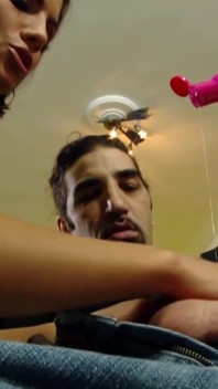 Small titted babe is tugging big cock