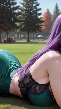 Si cantik rambut ungu yang menawan ini menggoda dan kontolnya di bawah pepohonan