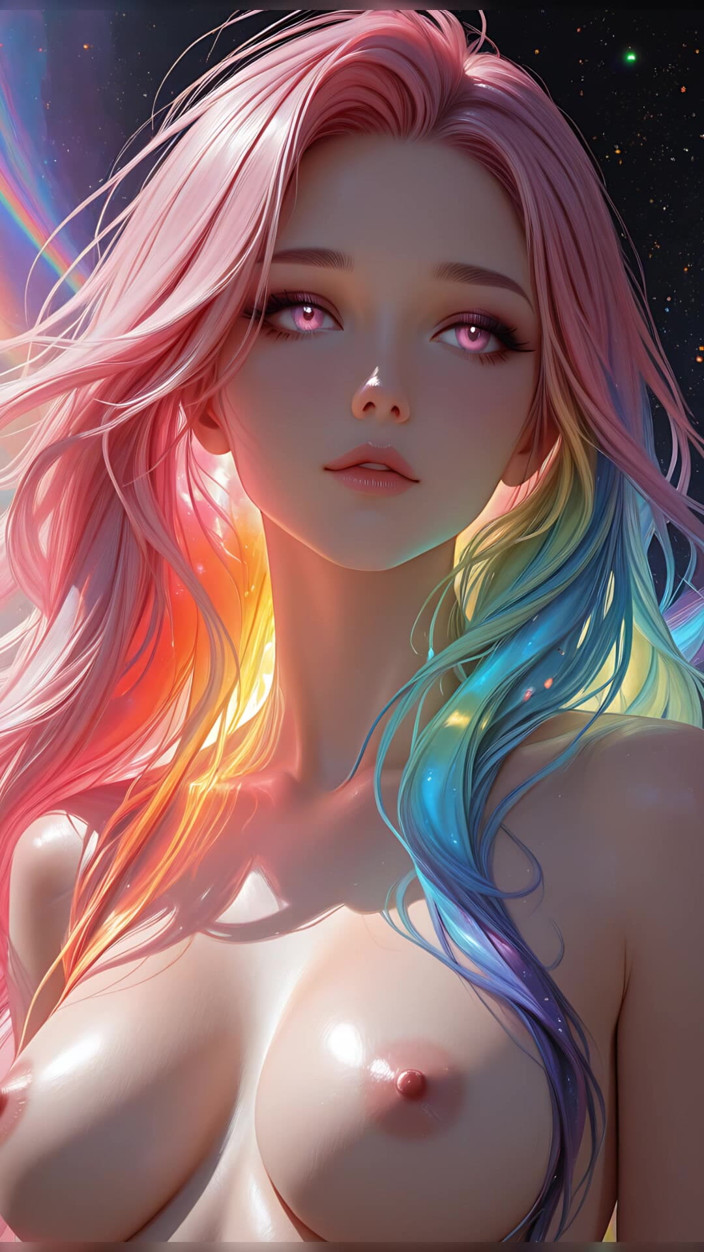 VelvetInk Studio: Bellezza cosmica arcobaleno con incandescenti occhi rosa fantasy ritratto ai...