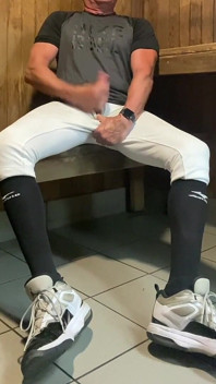 Buff Jacked Jockdad87 Edges in Baseball Gear in the Sauna