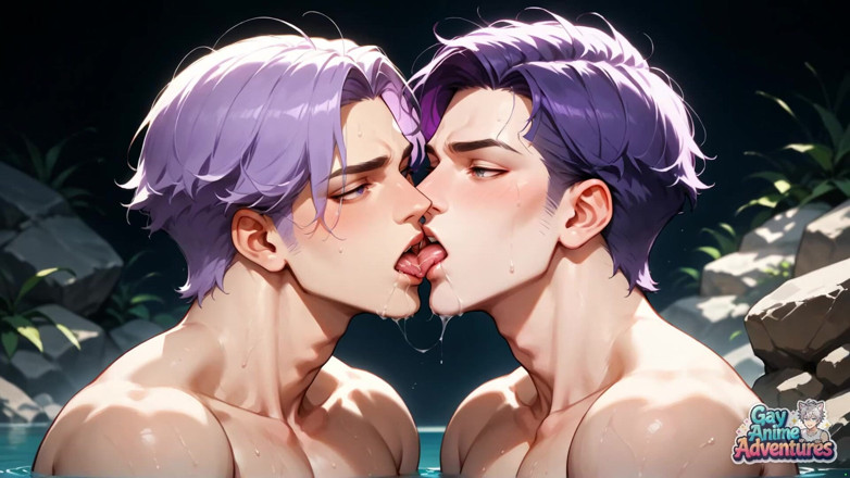 Gay Anime Adventures: Steamy Rock Cavern Is Home to Glistening, Purple-haired Muscle Studs....