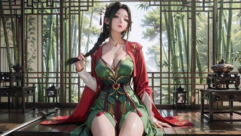 Seraphina Vale: The Red-robed Goddess in a Sun-dappled Secret Garden, Lazily Turning...
