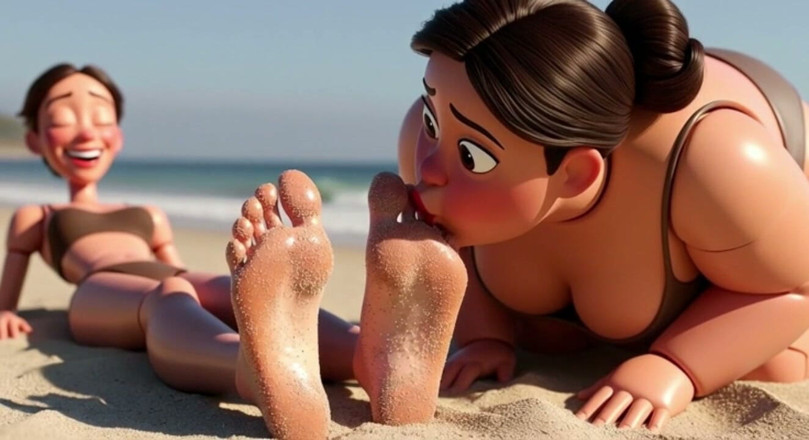 YOUR BEST FANTASY: Wanita Gemuk Menjilat Kaki Berpasir Gadis Kurus - Penghinaan Pantai
