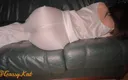 GassyKat: Farting in White Satin Pajama on Green Leather Sofa