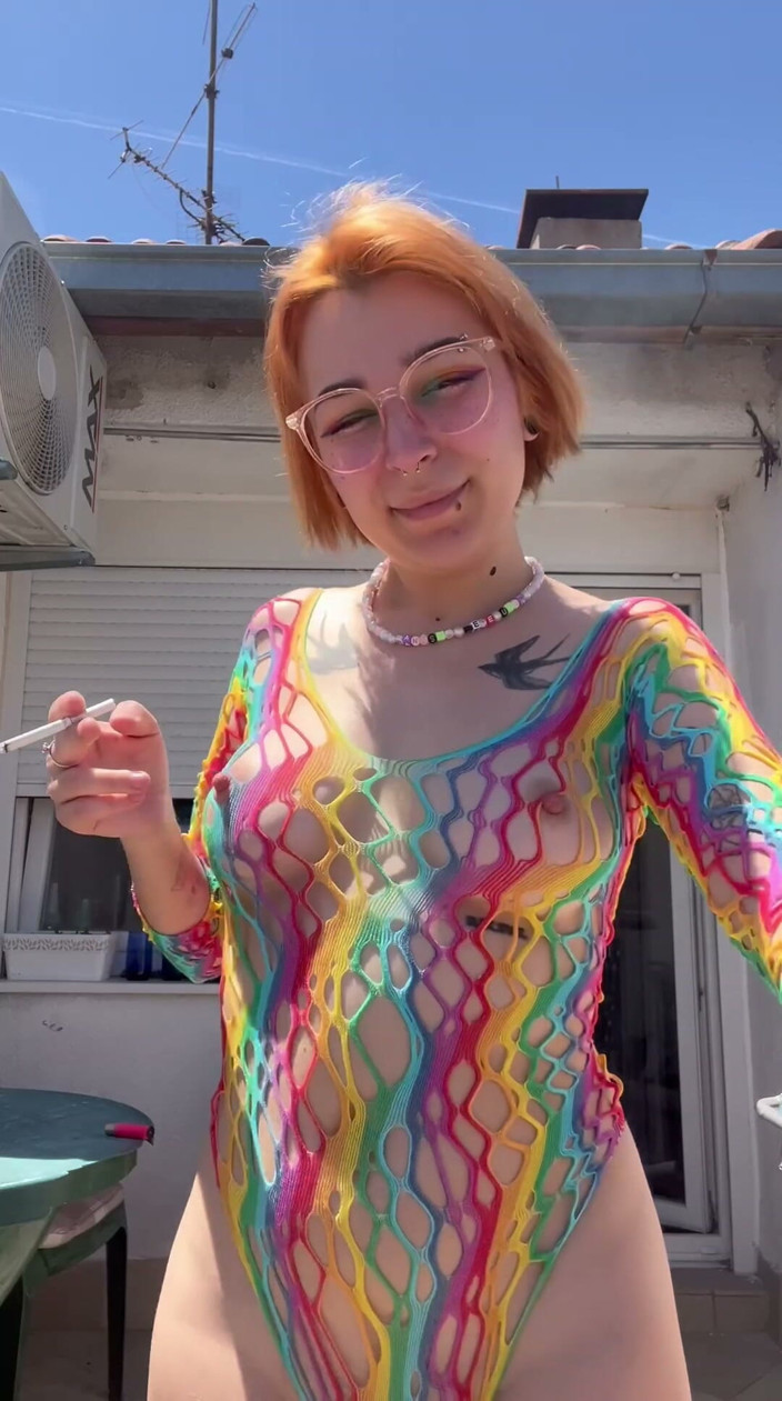 lanalovacutie: Smoking in a Rainbow Fishnet on the Balcony