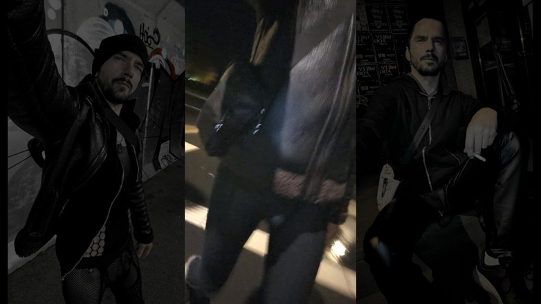 kinkygaynudist: Promenade Torride Sous La Pluie (jarretelles Et Meggings De Bosse)