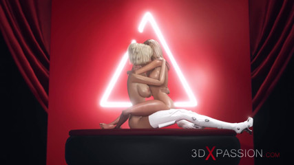 3dxpassion-transgender: 3d shemale bawi się gorącą napaloną blondynką na podium modelki