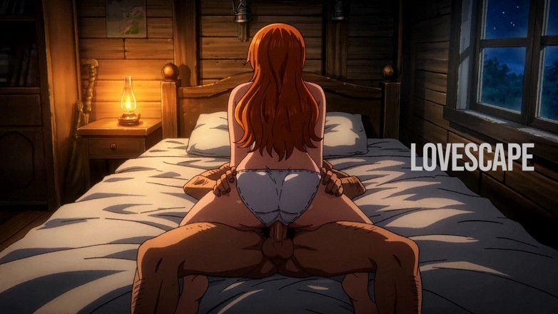 Lovescape: Hentai çift yoğun yatak odasında sikişiyor (ai)