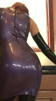 Redhead latex MILF fucked in the kitchen from his big cock