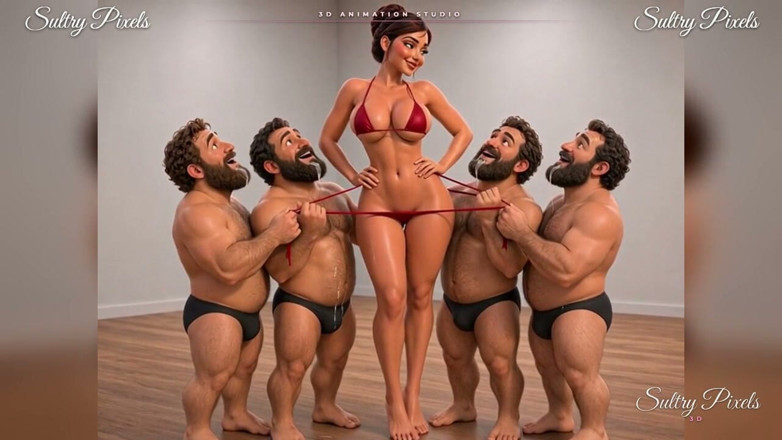 Sultry Pixels 3D: Morena con un bollo de pelo rodeada de cuatro admiradores...