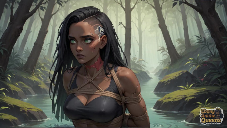 Ebony Anime Queens: 어두운 색조의 숲에서 사이버 펑크 가글이 페니스 삼키기