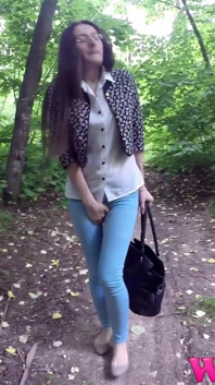 Skinny Brunette Desperate to Pee in the Woods Has to Find a Way to Empty Her Bladder