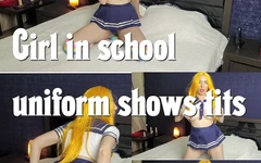 Girl in college uniform shows tits