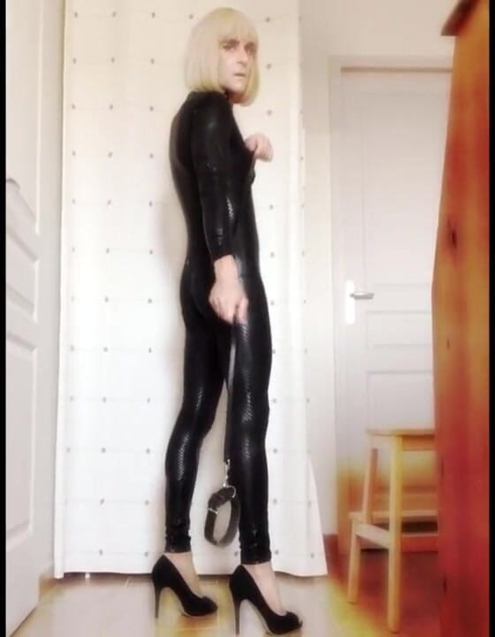 Faustine: Crossdresser Faustine Vinyl kucing dengan rantai.