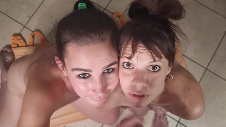 domslutfucker: Duas putas masturbando meu pau em pov, porra no olho,...