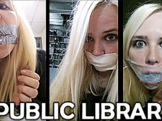 Selfgags classic: Loira auto amordaçada na biblioteca pública