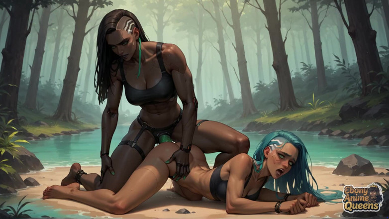 Ebony Anime Queens: Dans une forêt sombre, un gargle cyberpunk dévore un pénis