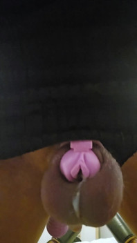 Sissygasm!! Sissy Crossdresser All Locked up in Cute Pink Chastity Cage with Realistic Clit Hole, She Cums Like a Slut