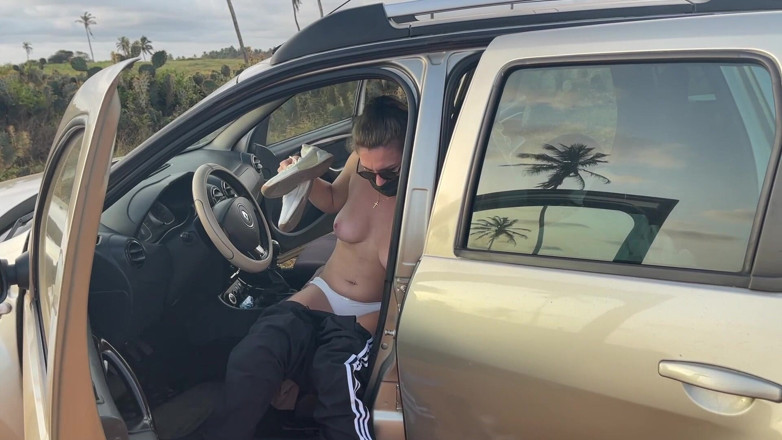 Batty Lux: Naked Busty Blonde Walks by Car on Public Road