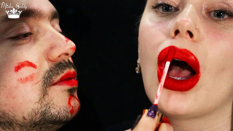 Goddess Misha Goldy: Covering Alex face with red lipsticks kisses