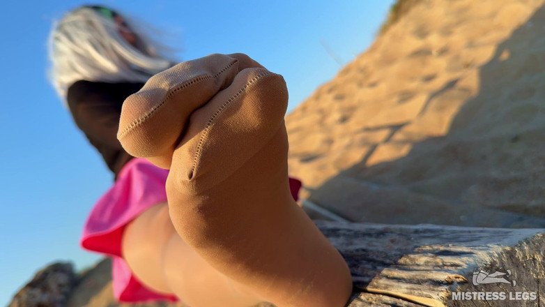 Mistress Legs: Pantyhose Feet on the Sand Beach: Her Soles in Nylons...
