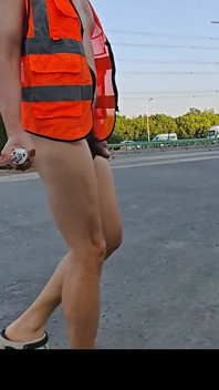 Naked Patrolling a Busy Road Construction Site and Masturbating on a Forklift