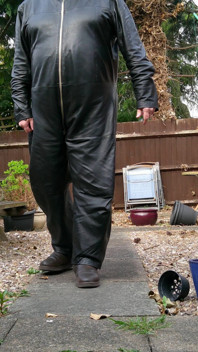 Leather Overalls in the Garden