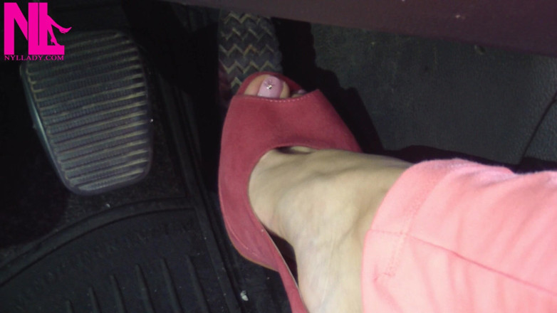 Nyllady: Barefoot Driving and Revving in Vivid Pink High Heeled Sandals
